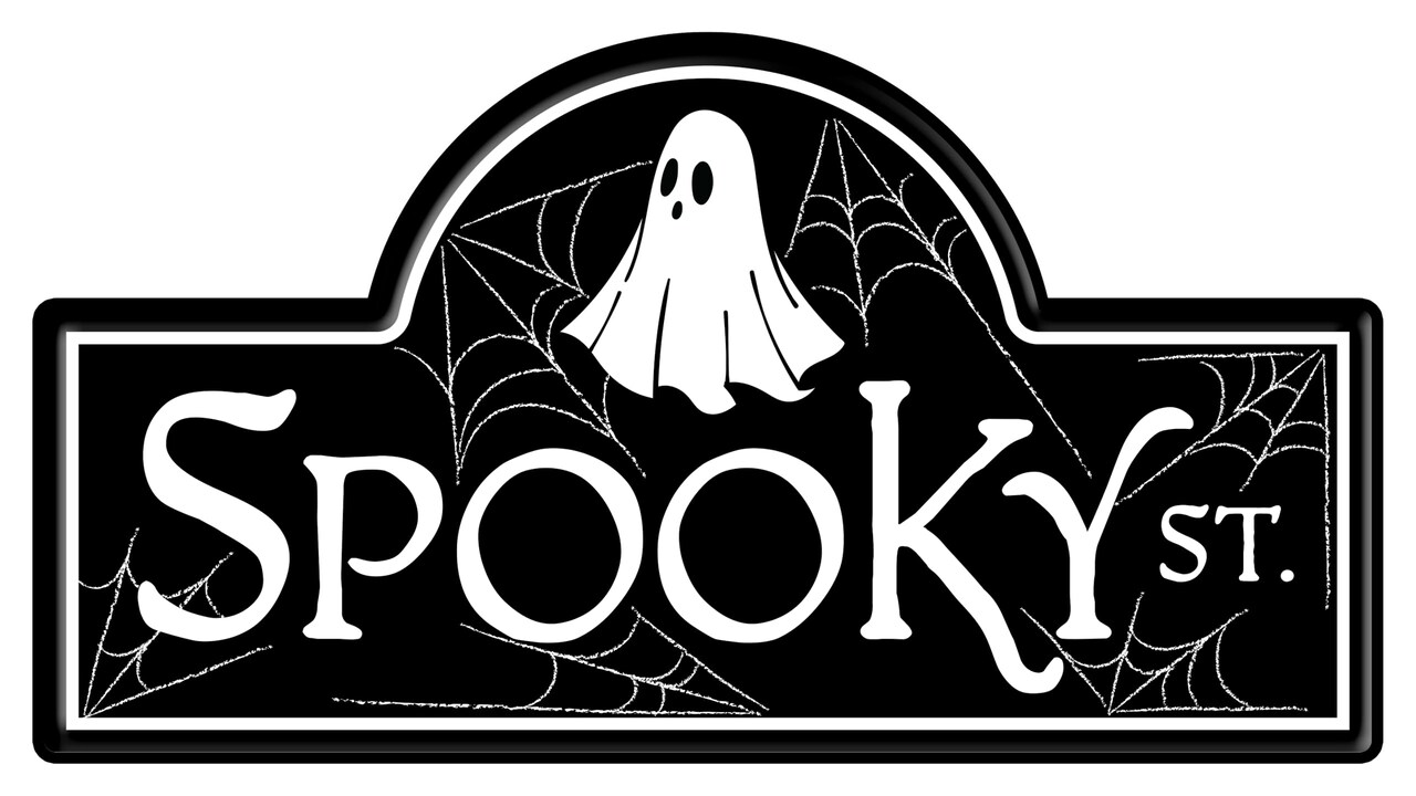 15" Spooky Street Metal Halloween Sign with Ghosts and Spiders For Wreath Accents, Crafts, and Decorations